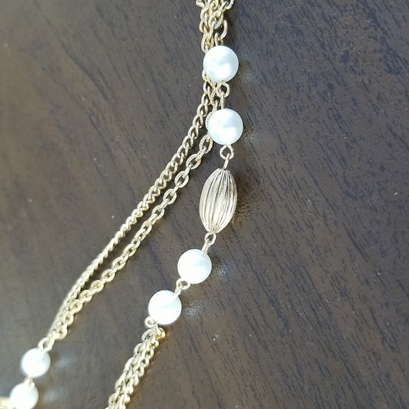 Faux Pearl Flapper Length Gold Tone Costume Double Chain Necklace 52" - Picture 3 of 6